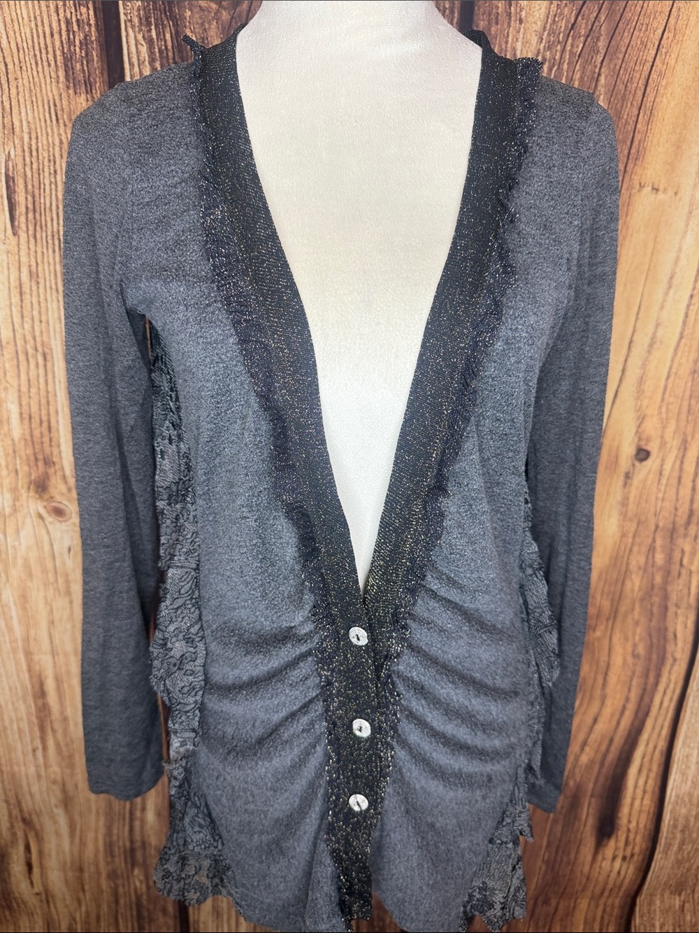 BKE Charcoal Gray Metallic-Trim Lace Cardigan